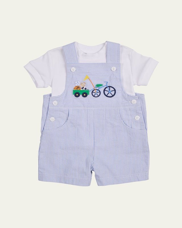 Boy's Seersucker Shortall W/ Bike & Sportsball, Size 6M-24